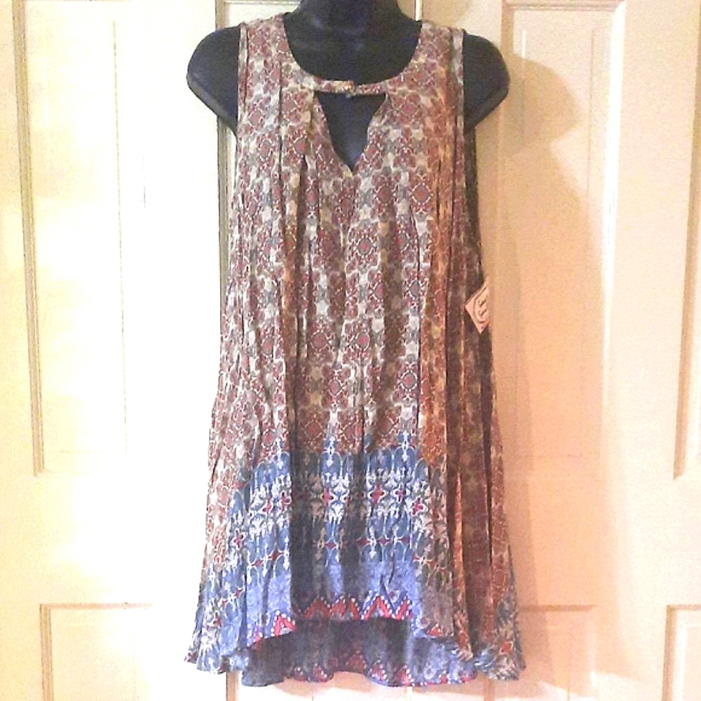 Bohemian Sleeveless Top - Brown and Blue - Womens Size Small - Boutique Brand